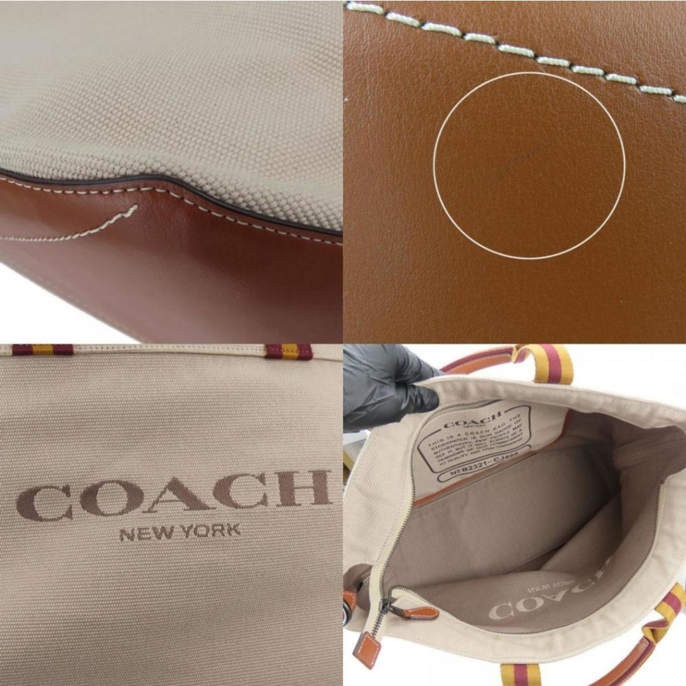 COACH Canvas and Leather Dark Beige Large Tote Bag with Burgundy Shoulder Strap - Picture 6 of 11
